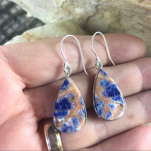 ORANGE SODALITE teardrop 925 sterling earrings - Picture 5 of 7
